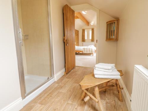 a bathroom with a shower and a bench and a mirror at Cilfach in Llanfyllin