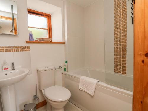 y baño con aseo, bañera y lavamanos. en Lundy View Cottage en Great Torrington