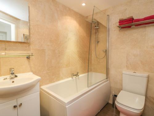 une salle de bain avec un lavabo, des toilettes et une douche dans l'établissement Old Orchard Cottage, à Barmby on the Moor