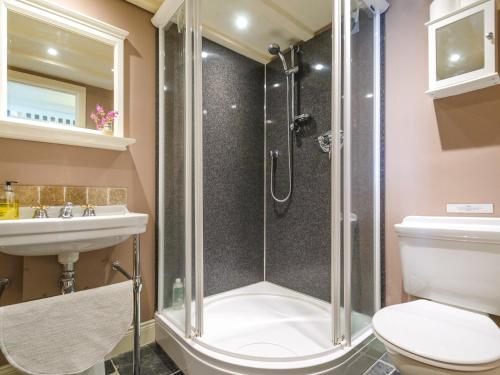 een badkamer met een douche, een toilet en een wastafel bij The Byre at High Watch in Lanehead