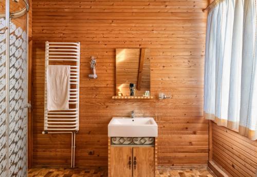 a bathroom with a sink and a mirror at LAVANDA country club in Tatariv
