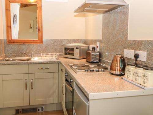 a kitchen counter with a sink and a microwave at Tawny Owl Barn in Shipdham