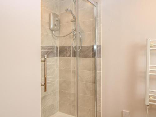 a shower in a bathroom with a glass door at Snowy Owl Barn in Shipdham