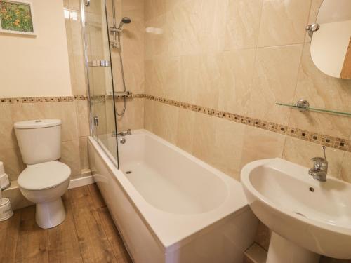 a bathroom with a toilet and a tub and a sink at Hendoll Cottage 2 in Fairbourne