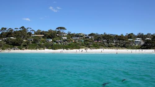 a view of a beach with people in the water at BAY OF FIRES BEACH SHACK ocean views from a modern Beachhouse in Binalong Bay