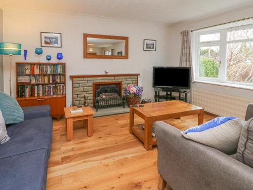 a living room with a couch and a fireplace at Trederwen in Rhayader