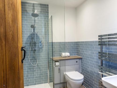 a bathroom with a toilet and a shower with blue tiles at Oxen Cottage Nables Farm in Seagry