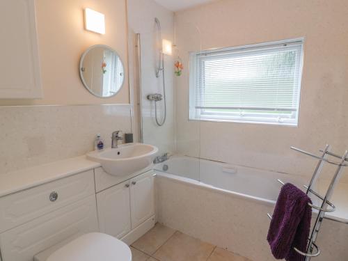 uma casa de banho com um lavatório, uma banheira e um WC. em Troloss Lodge em Thornhill