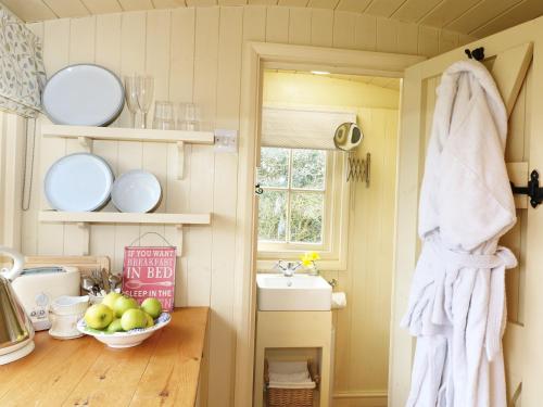 a bathroom with a sink and a towel on the wall at Willow in Wadebridge