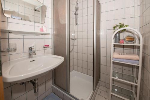 ラウリスにあるAppartement-Pension Fahrnberggutの白いバスルーム(シンク、シャワー付)