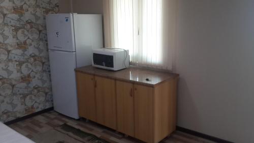 La cuisine est équipée d'un réfrigérateur blanc et d'un four micro-ondes. dans l'établissement Гостевой дом Сафар, номера с отдельным входом, à Kapchagaï