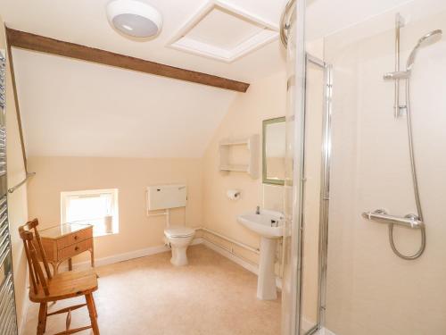 a bathroom with a shower and a toilet and a sink at Gardener's Cottage in Llandrindod Wells