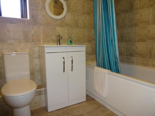 a bathroom with a toilet and a sink and a tub at Dairy Cottage in Llanrwst
