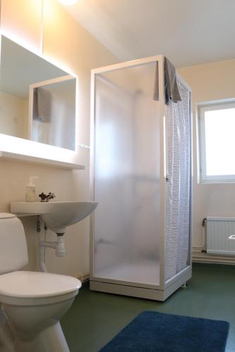 a bathroom with a shower and a toilet and a sink at RS Lägenhetshotell Skövde in Skövde