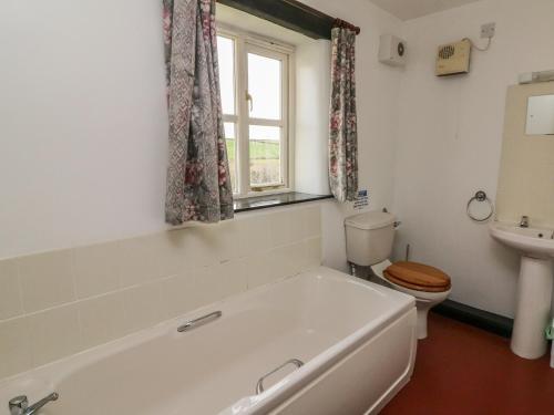 een badkamer met een bad, een toilet en een raam bij The Old Workshop in Knowstone