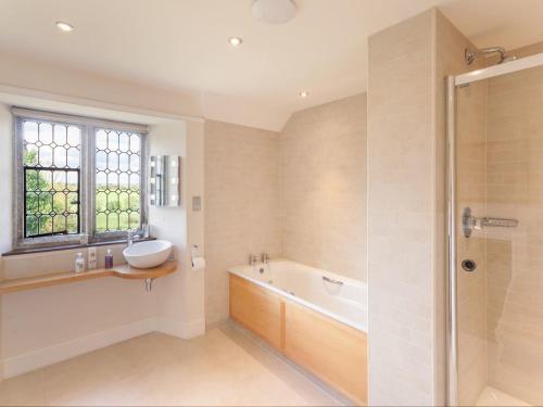 uma casa de banho com uma banheira, um lavatório e um chuveiro em Great Bidlake Manor em Bridestowe