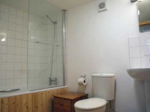 une salle de bain avec toilettes, douche et lavabo dans l'établissement The Stone Barn Cottage, à Holne