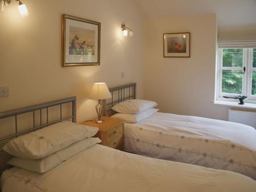 a bedroom with two beds and a lamp and a window at Glenview in Lynton