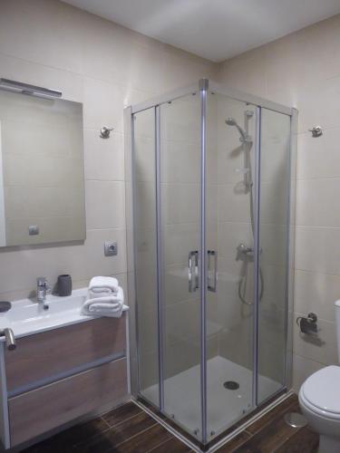 a bathroom with a shower and a sink and a toilet at NORASUITES32 in Las Lagunas