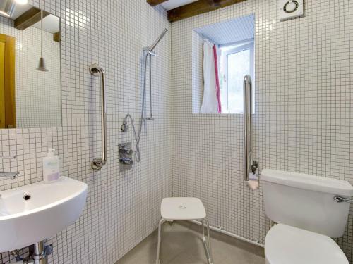 a bathroom with a toilet and a sink at Whitcombe Cottage in Honiton