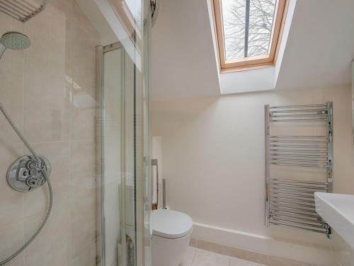 a bathroom with a shower and a toilet and a sink at Torrings Barn in Kingsbridge