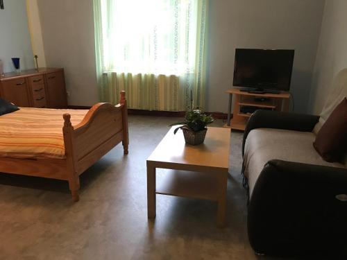 ein Wohnzimmer mit einem Bett, einem Sofa und einem TV in der Unterkunft Wagner Ferien Apartments in Essen