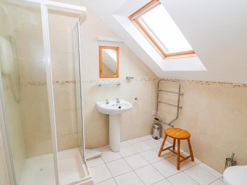 uma casa de banho com um lavatório e um chuveiro em Mary Agnes Cottage em Eyeries