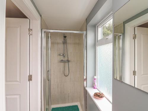 a bathroom with a shower with a glass door at Silver Birch House in Laune Bridge
