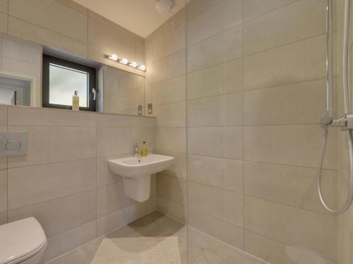 a bathroom with a toilet and a sink and a shower at Grooms Cottage in Talaton