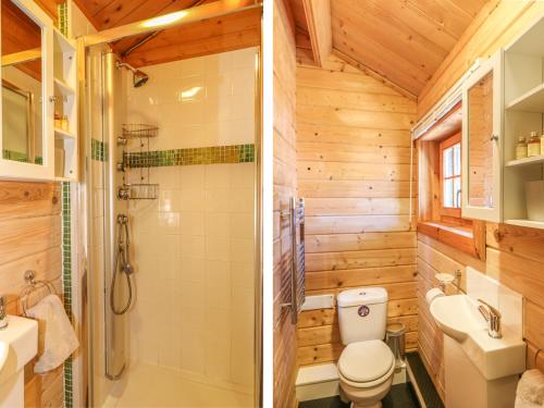 StithiansにあるPond Cabinの木製バスルーム(トイレ、シャワー付)