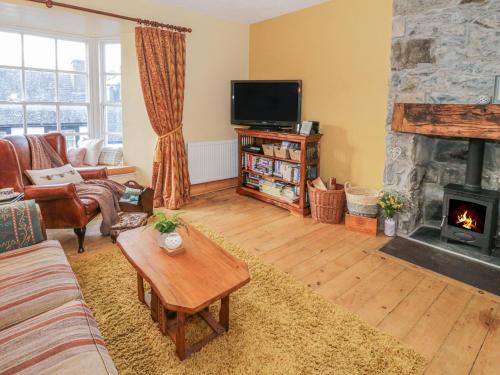 a living room with a couch and a fireplace at Castle Apartment in Conwy