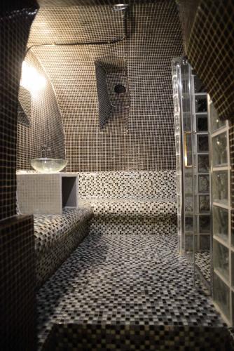 La salle de bains est pourvue d'une douche avec du carrelage noir et blanc. dans l'établissement Unique loft apartment in Le Marais, à Paris