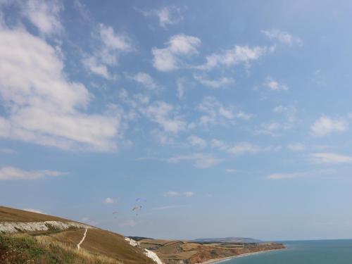 a blue sky with some birds flying over the water at Serendipity in Freshwater