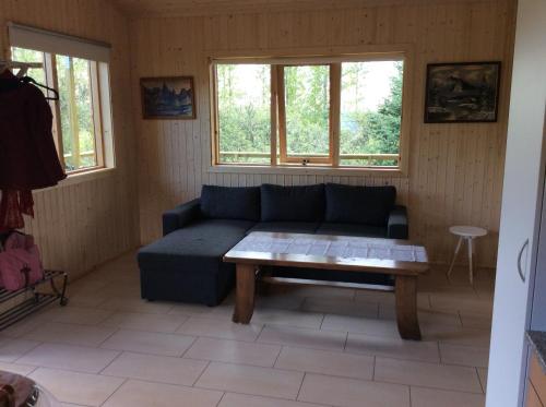 a living room with a blue couch and a coffee table at Middalskot Cottages in Laugarvatn