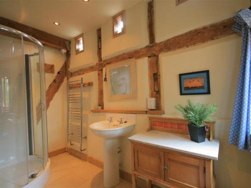 a bathroom with a sink and a shower at Whites Farm Barn in Ledbury
