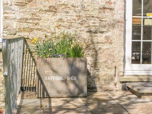a pot of flowers sitting next to a building at The Daffodil Shed in Yelverton