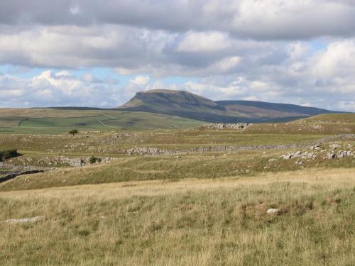 a field of grass with a mountain in the background at Rushton Barn in Settle