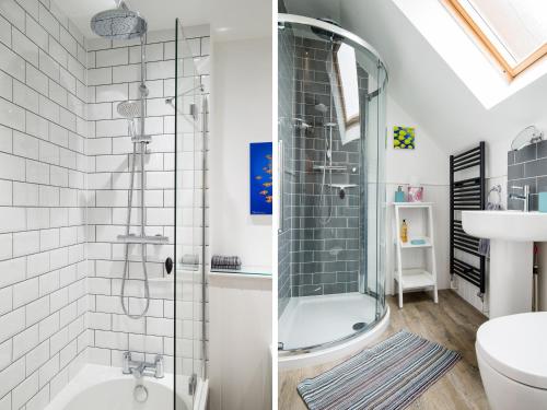 a bathroom with a shower and a sink at Swan Cottage in Arundel