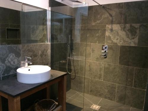uma casa de banho com um lavatório e um chuveiro em Starvegoose Cottage em Goudhurst