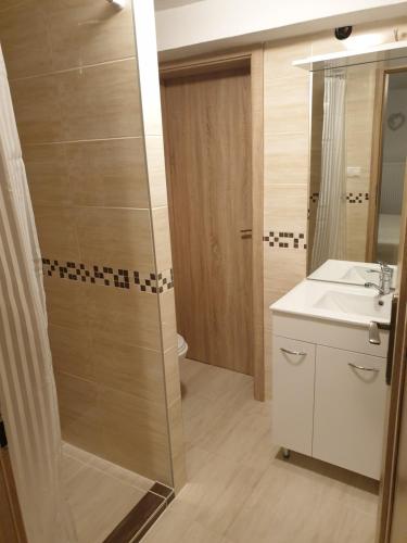 a bathroom with a shower and a sink at Ubytovanie v súkromí in Poprad