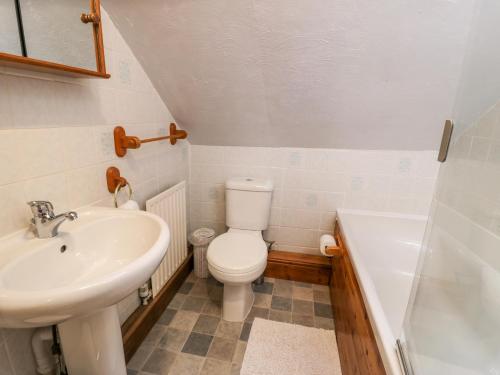 a bathroom with a sink and a toilet and a tub at The Smithy in Llandyfrydog