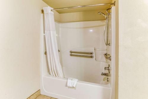 a shower in a bathroom with a white tub at Quality Inn Stone Mountain Atlanta in Stone Mountain