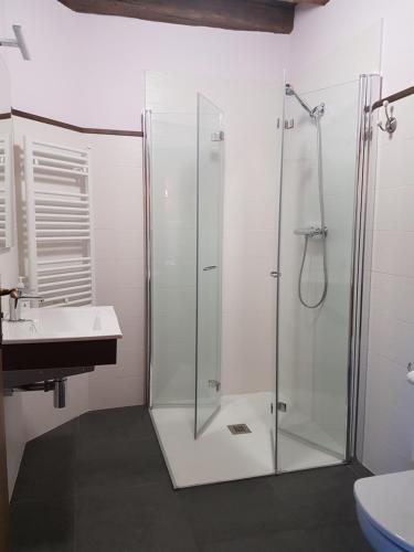 a bathroom with a glass shower and a sink at CASA RURAL Arriaran in Leitza