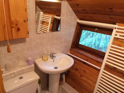 baño con lavabo y aseo y ventana en chalet le balcon du Sancy - location du samedi au samedi - linge de lits fournis - option ménage fin de séjour non proposée, en Le Mont-Dore