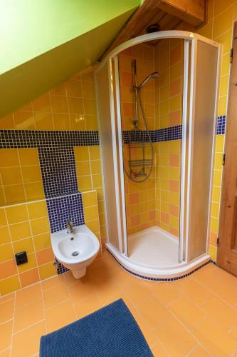 a yellow tiled bathroom with a shower and a sink at Penzion u Vichu in Červená Voda
