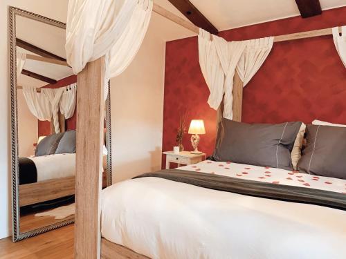 a bedroom with a canopy bed and a mirror at La Maisonnette Enchantée in Prez-vers-Siviriez