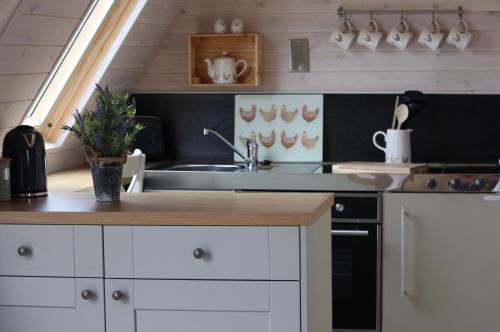 a kitchen with white cabinets and a sink at Caithness View Luxury Farm Lodges and BBQ Huts in Wick