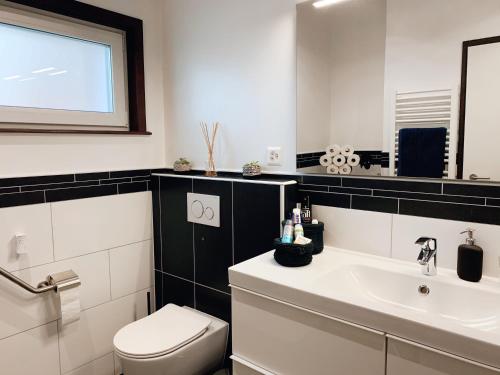 a bathroom with a white toilet and a sink at La Maisonnette Enchantée in Prez-vers-Siviriez