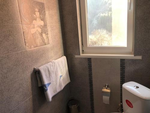 a bathroom with a picture of a woman on the wall at Vasilevi House in Devin