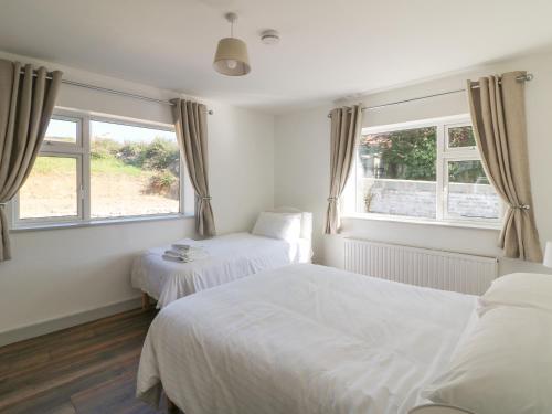 a bedroom with two beds and two windows at Macreddin Rock Holiday Cottage in Aughrim